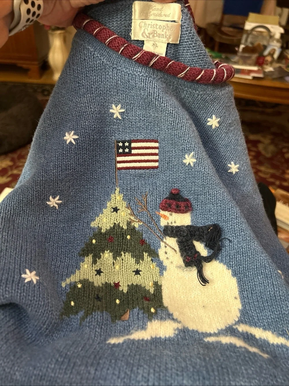 Christopher & Banks Light Blue Snowman, Tree and Flag  Crewneck Sweater